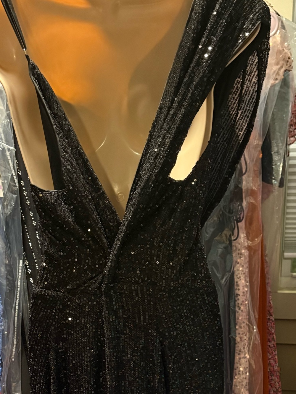Black Sequin Backless Evening Gown with Draped Side Detail - Picture 3 of 5